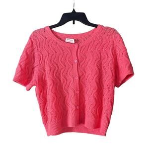 Title: Vintage Pink Knit Cardigan – Wavy Open-Knit Button-Up Retro Sweater